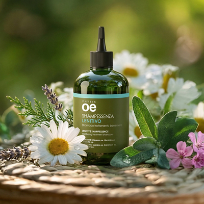 immagine del prodotto dello shampoo lenitivo ambientato su sfondo con foglie verde decorato con margherite e fiori rosa